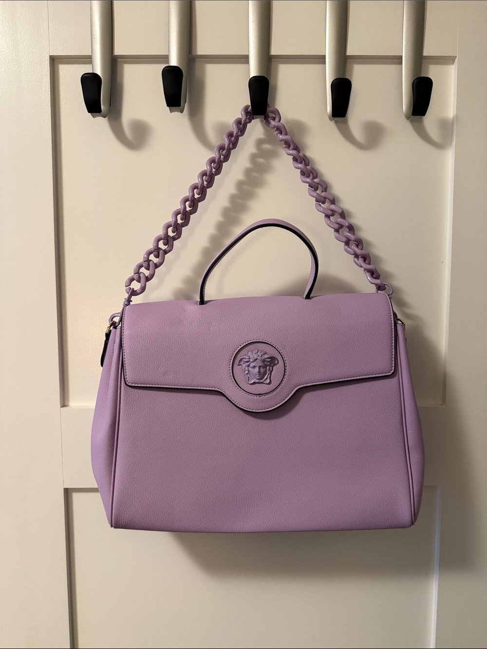 Versace Lavender Leather Top-Handle Satchel with Chain Strap